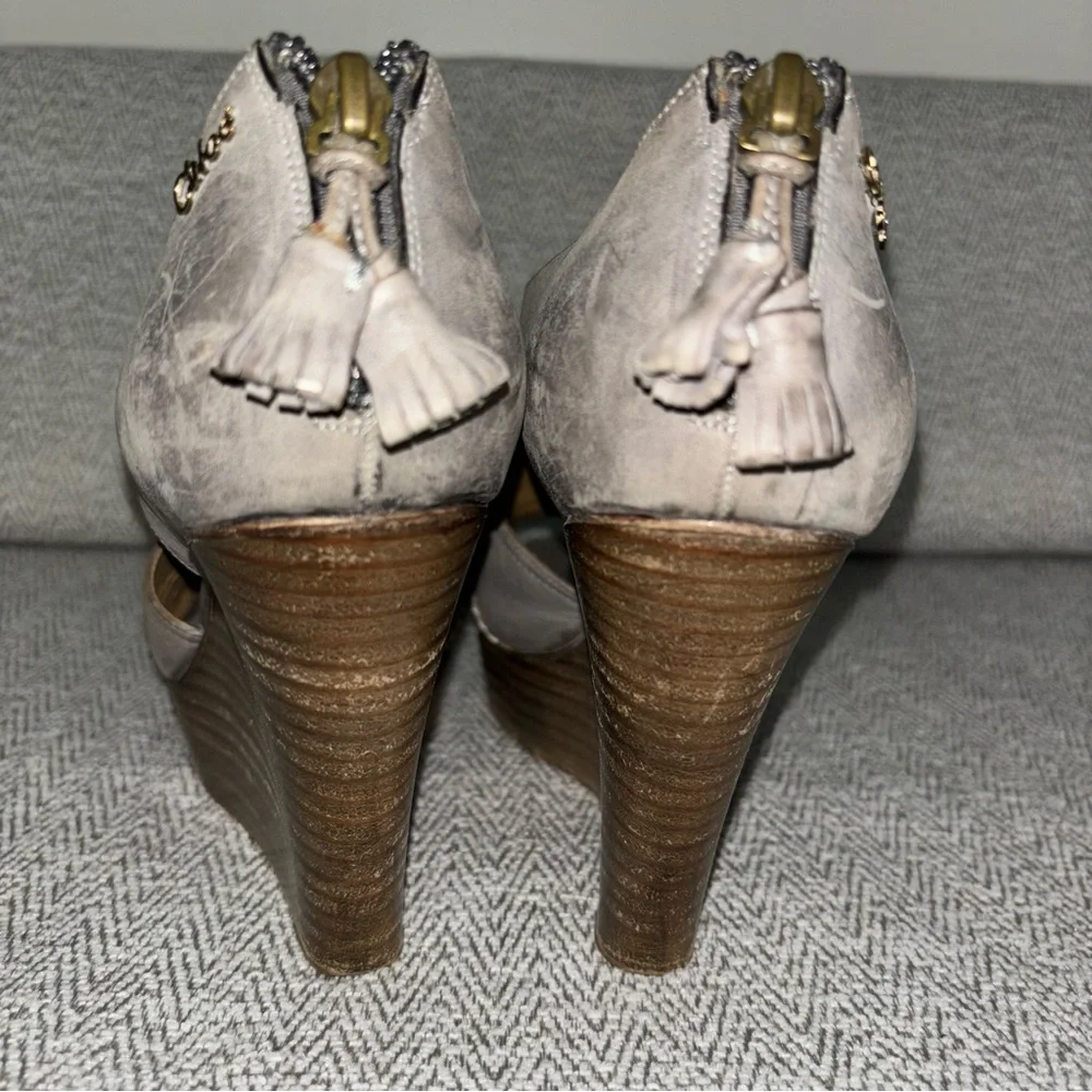 Chloe gray nubuck leather peeptoe platform wedge shoes zipper back size 36.5 6.5